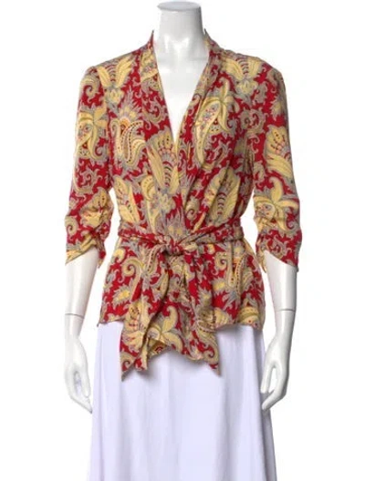 Pre-owned Bill Blass Paisley Print V-neck Blouse In Red