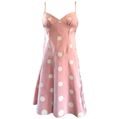 Pre-owned Bill Blass Pink White Polka Dot Hand Painted Fit And Flare Vintage Dress, 1990