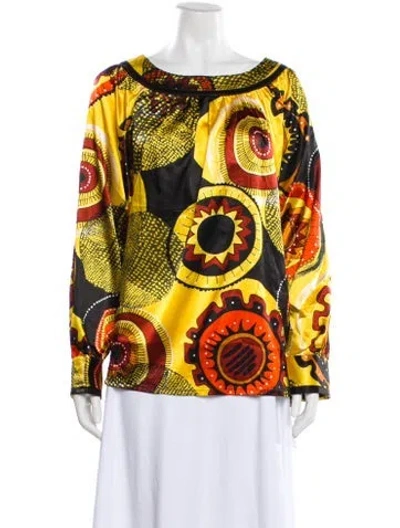Pre-owned Bill Blass Printed Scoop Neck Blouse In Yellow