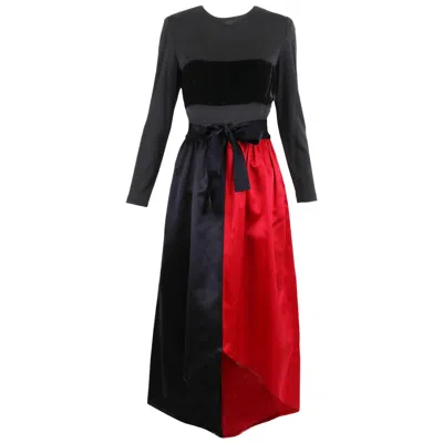 Pre-owned Bill Blass Red & Black Satin Evening Gown W/illusion Top & Velvet Band
