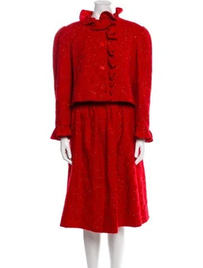 Pre-owned Bill Blass Ruffle Embellishment Skirt Suit In Red
