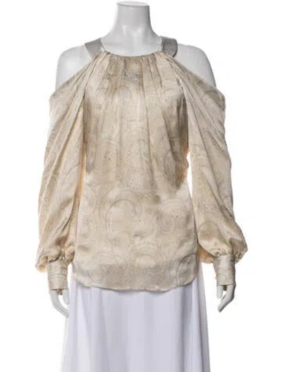 Pre-owned Bill Blass Sand Soft Paisley Draped Blouse Silk Blouse W/ Tags In Neutrals