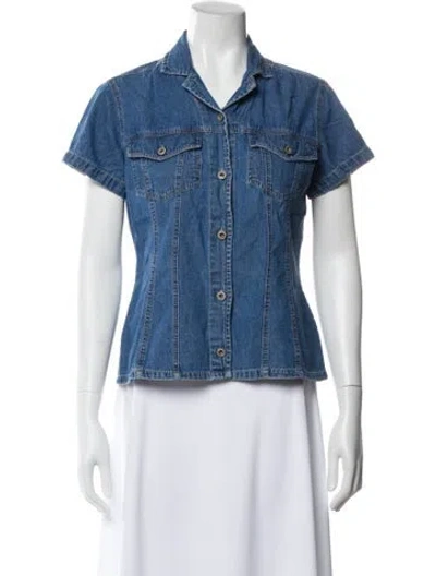 Pre-owned Bill Blass Short Sleeve Button-up Top In Blue