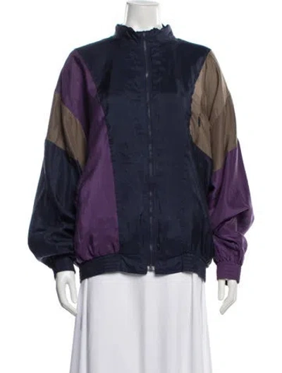 Pre-owned Bill Blass Silk Colorblock Pattern Bomber Jacket In Blue