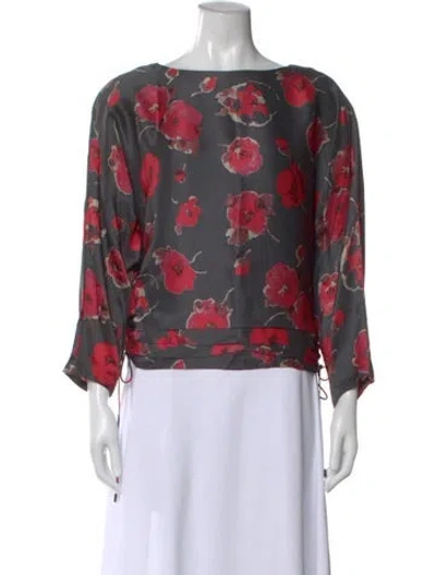 Pre-owned Bill Blass Silk Floral Print Blouse In Red