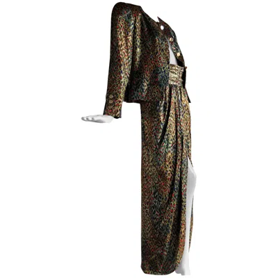 Pre-owned Bill Blass Silk Lame Op-art Leopard Print Long Skirt And Suit Jacket, 1980s In Black