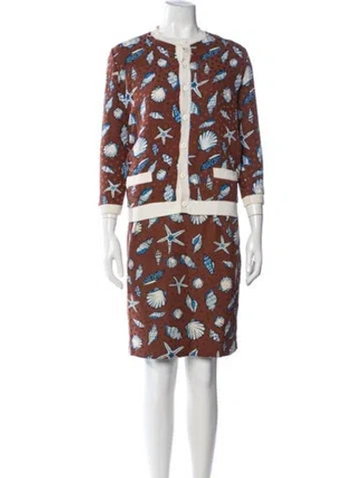 Pre-owned Bill Blass Silk Printed Skirt Suit In Brown
