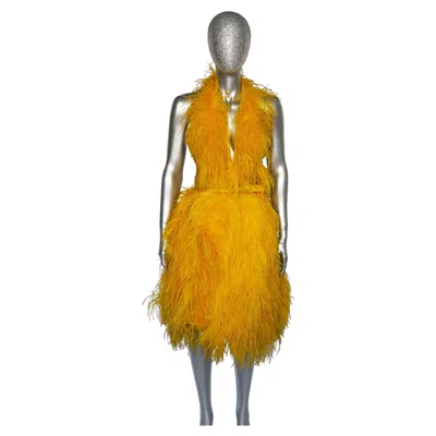 Pre-owned Bill Blass Spring 1980 Runway Yellow Marabou Feather Halter Backless Dress