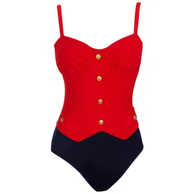 Pre-owned Bill Blass Swimsuit - 1980s Vintage - Red & Navy Lycra - Faux Pockets + Buttons