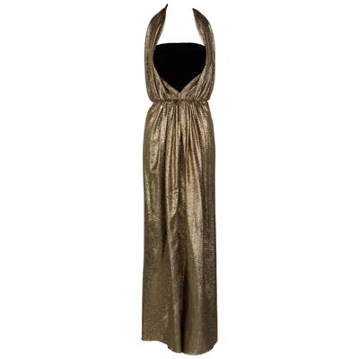 Pre-owned Bill Blass Vintage  Black Velvet Gold Metallic Halter Strapless Evening Dress