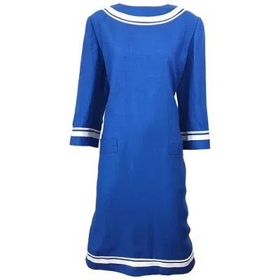 Pre-owned Bill Blass Vintage  Size 16 Blue + White Nautical Plus Size Linen Dress