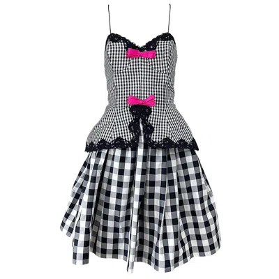 Pre-owned Bill Blass Vintage  Size 6 Black And White Gingham 1980s Silk Taffeta 80s Dress