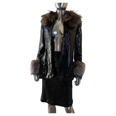 Pre-owned Bill Blass Vintage Black Sequin Suit With Removable Fox Collar & Cuffs Size 6-8