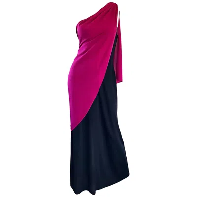 Pre-owned Bill Blass Vintage Raspberry Pink + Black Color Block Grecian One Shoulder Gown