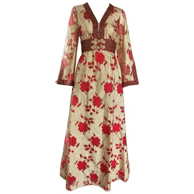 Pre-owned Bill Blass Vintage Red And Gold Silk Lurex Asian Inspired Gown, 1970s