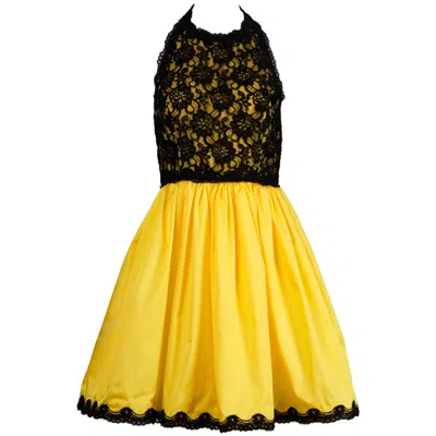 Pre-owned Bill Blass Vintage Yellow And Black Lace Halter Dress