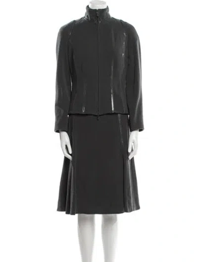 Pre-owned Bill Blass Wool Leather Trim Embellishment Skirt Set In Gray