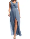 Bill Levkoff Chiffon Ruffle Trim Bridesmaid Gown In Slate In Gray
