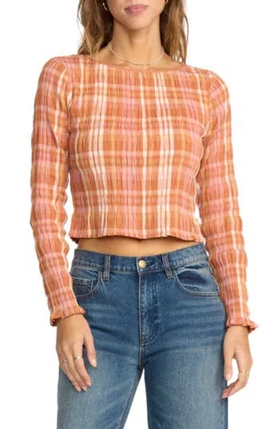 Billabong Check Me Out Plaid Smocked Crop Stretch Cotton Top In Orange