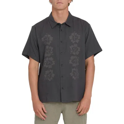 Billabong Cordoba Regular Fit Hibiscus Short Sleeve Knit Button-up Shirt In Black