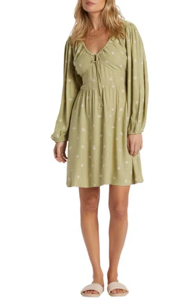 Billabong Floral Long Sleeve Tie Neck Dress In Avocado