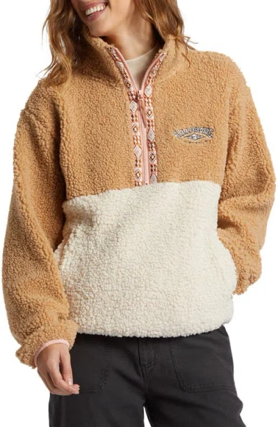 Billabong Horizon Colorblock High Pile Fleece Quarter Zip Pullover In Wet Sand