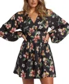 Billabong Nigh Bloom Floral Long Sleeve Minidress In Black