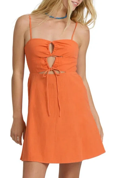 Billabong Lima Ruched Smocked Cotton & Linen Mini Sundress In Orange