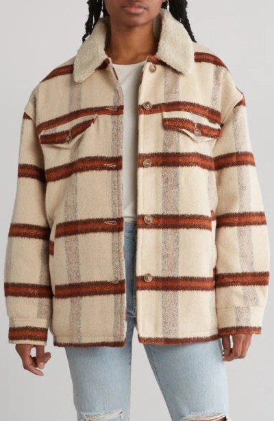 Billabong Lucky Charm Faux Shearling Plaid Jacket In Antique White