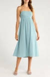 Billabong Off The Coast Smocked Bodice Cotton Midi Dress In Green