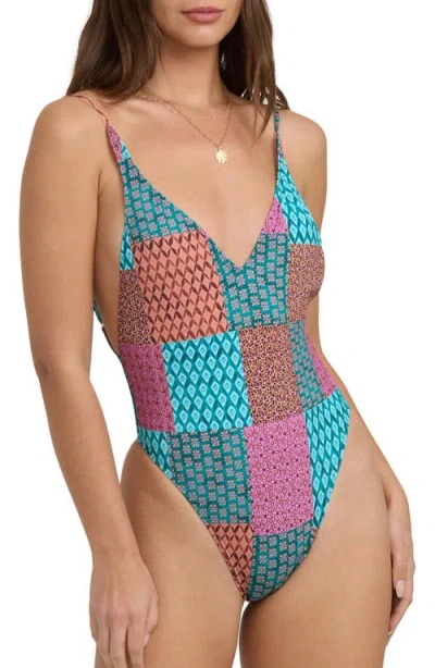 Billabong Patch It Up Deep V-neck One-piece Swimsuit In Multi