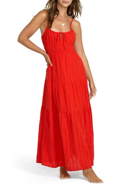 Billabong Red Aloha Tiered Cotton Maxi Sundress