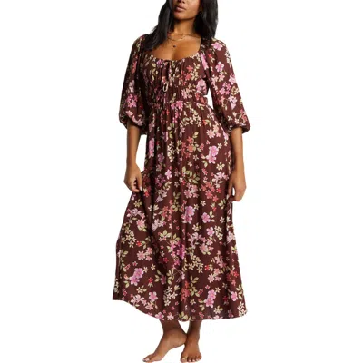 Billabong Rosey Skies Floral Midi Dress In Choc Chip