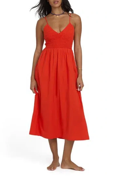 Billabong Such A Trip Smocked Bodice Cotton Midi Dress In Orange