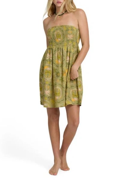 Billabong Tropical Haze Smocked Strapless Minidress In Brown