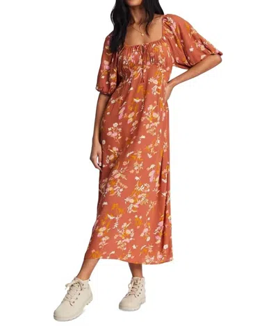 Billabong True Romance Puff Sleeves Midi Dress In Brown