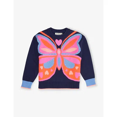Billie Blush Kids' Navy Butterfly Diamanté-embellished Cotton-blend Jumper 2- In Multi