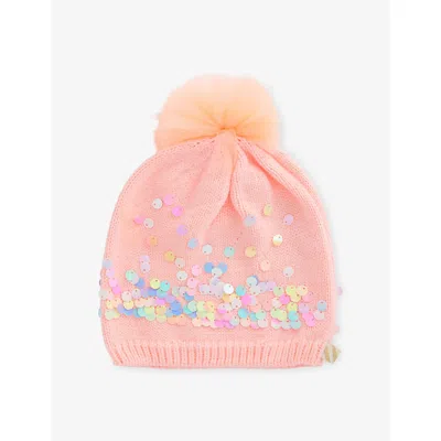Billie Blush Kids' Peach Sequin-embellished Knitted Beanie Hat In Orange