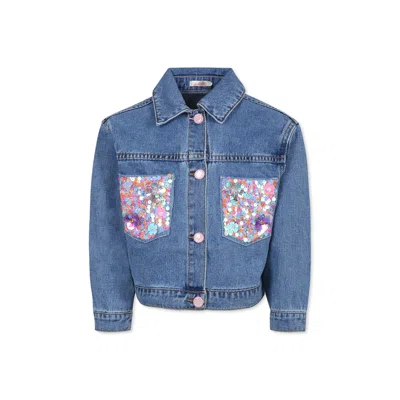 Billieblush Kids' Blue Jacket For Girl With Sequins In Denim