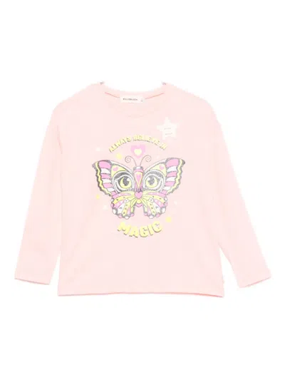 Billieblush Kids' Butterfly-print Log Sleeves T-shirt In Pink