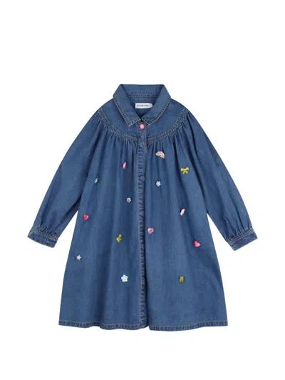 Billieblush Kids' Embellished Gathered Denim Dress In Blue