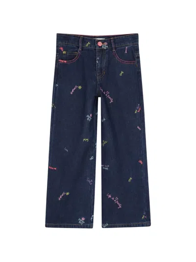 Billieblush Kids' Embroidered Wide-leg Jeans In Blue
