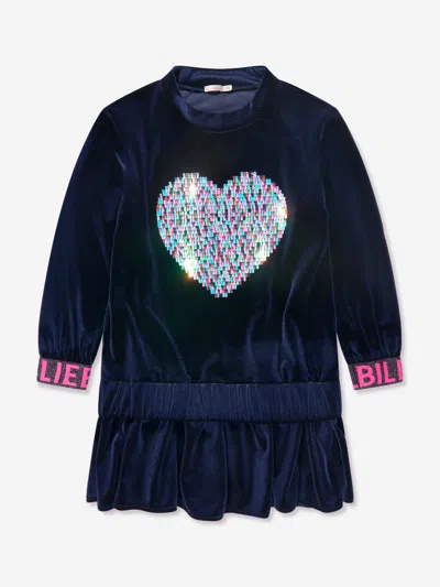 Billieblush Kids' Girls Navy Blue Sequin Heart Velour Dress