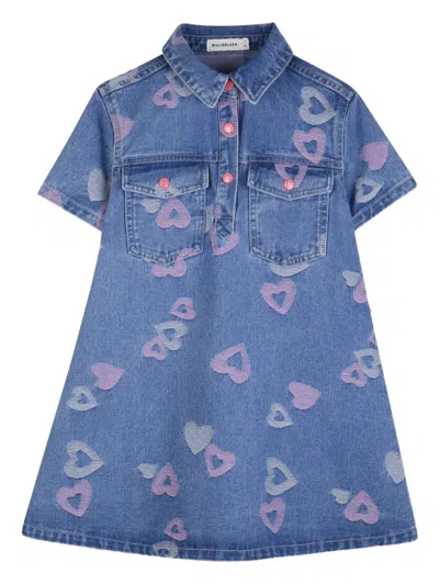 Billieblush Kids' Heart-embroidery Collared Denim Dress In Blue