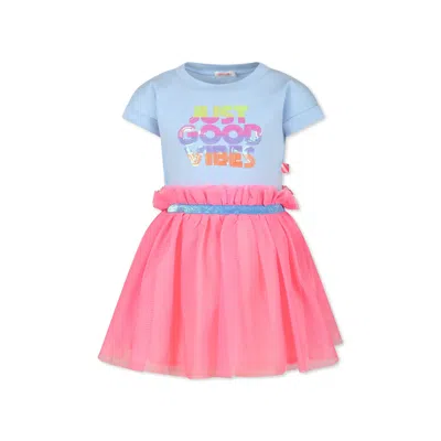 Billieblush Kids' Light Blue Dress For Girl With Writing And Sequins In Multicolor