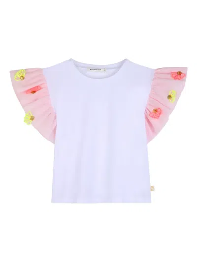 Billieblush Kids' Ruffled-hem Floral-embroidered T-shirt In White