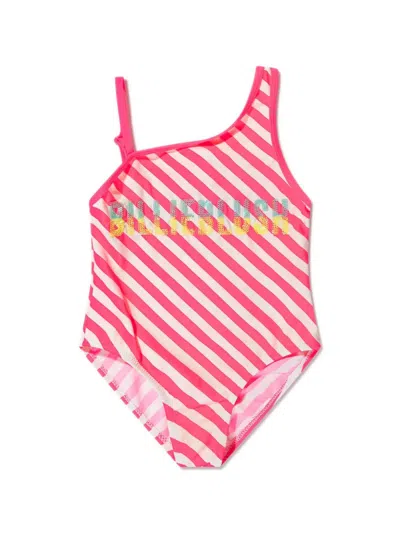Billieblush Kids' Striped One-shoulder Swimsuit In Pink