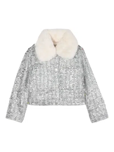 Billieblush Kids' Sequin-embellished Cropped Jacket In Silver