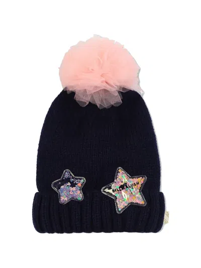 Billieblush Kids' Star-patch Pom-pom Beanie Hat In Black