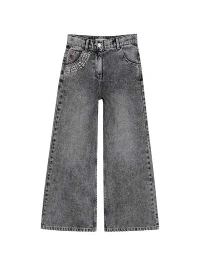 Billieblush Kids' Washed Wide-leg Jeans In Gray